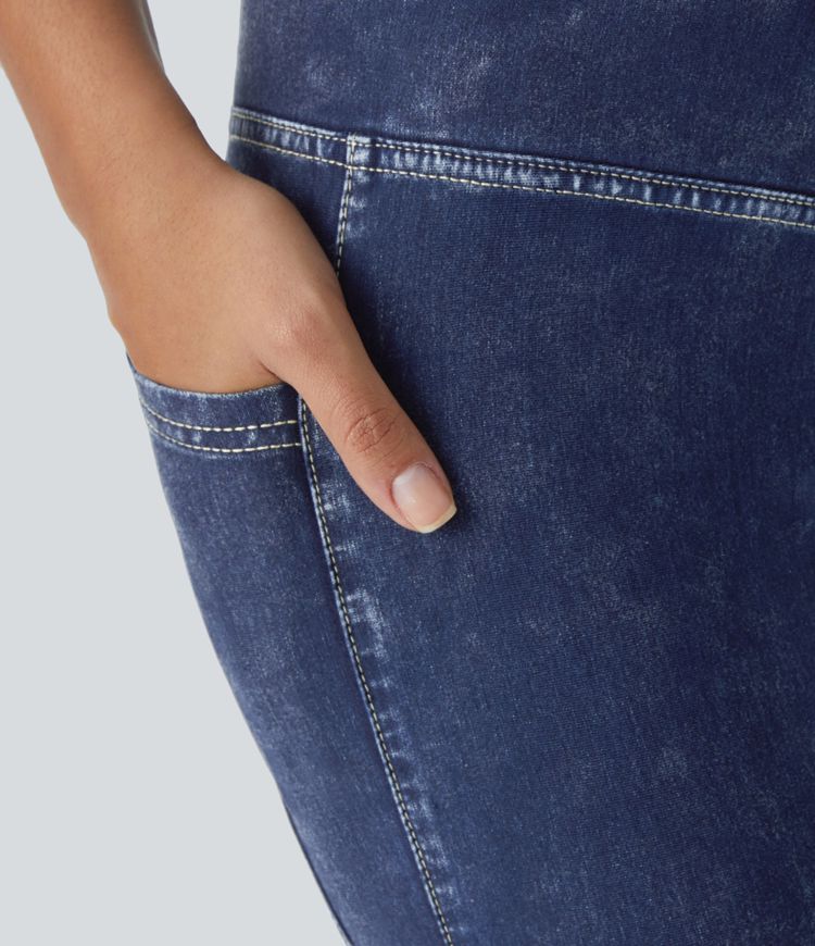 Halara Flex™ Jegging décontracté en tencel 7/8 extensible délavé, avec croisement sur le devant et poches latérales