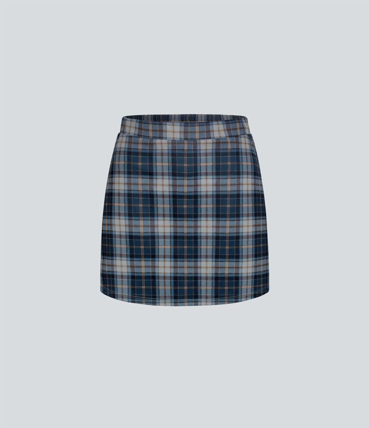 Jupe Courte Casual Forme A à Carreaux avec Taille Haute et Poches Latérales