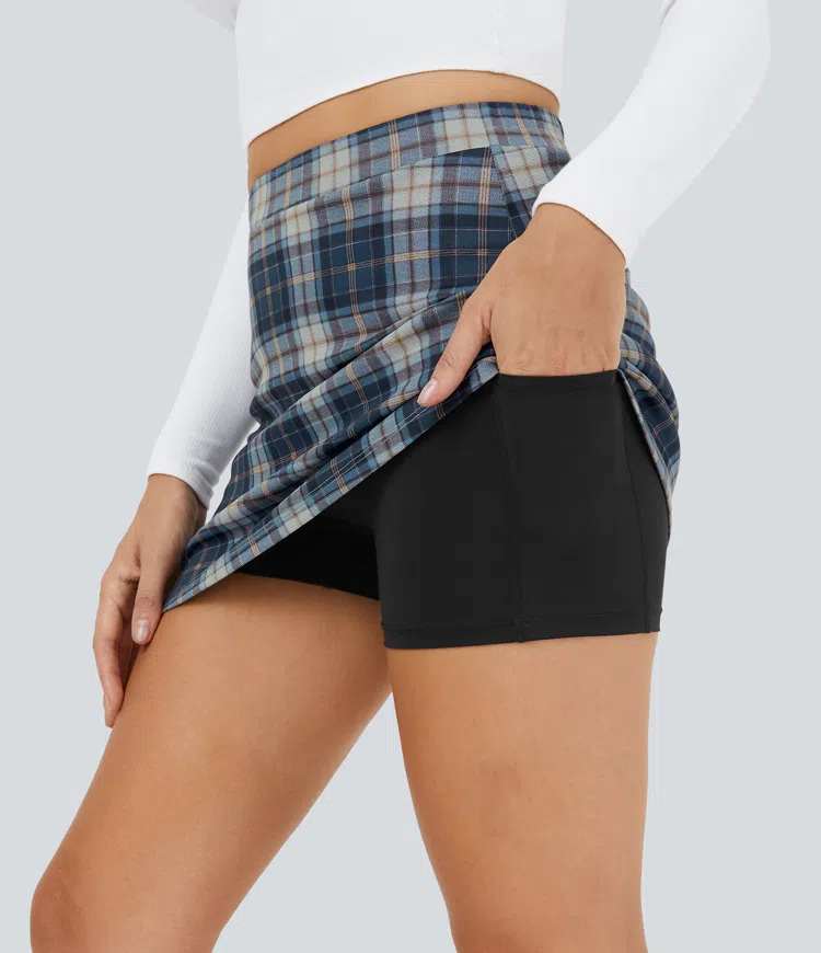 High-waisted 2-in-1 side pocket checkered A-line mini casual skirt