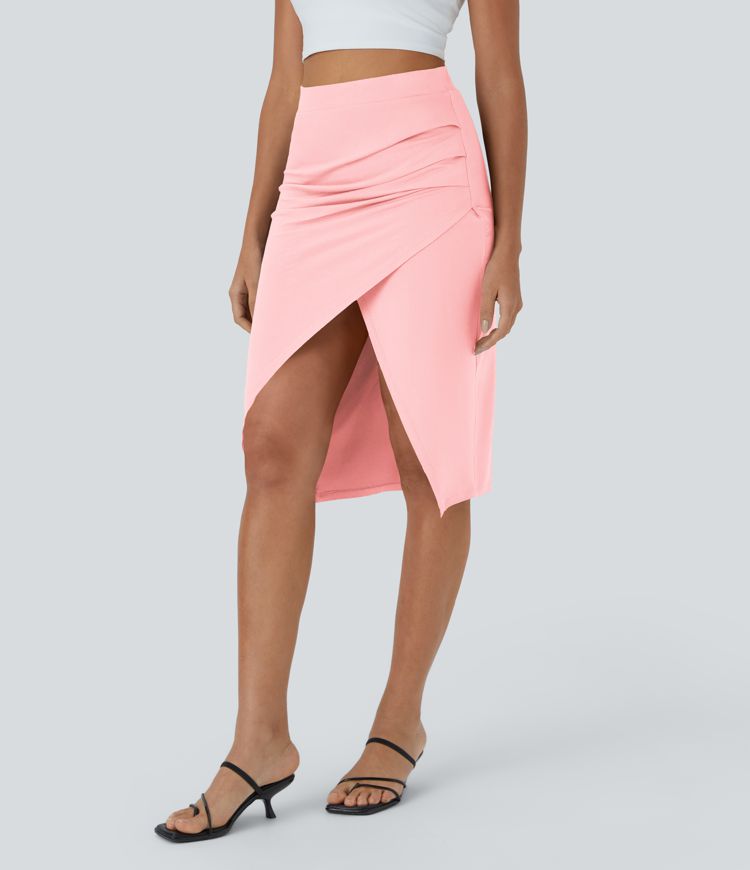 Ruched Hem Bodycon Midi Casual Skirt