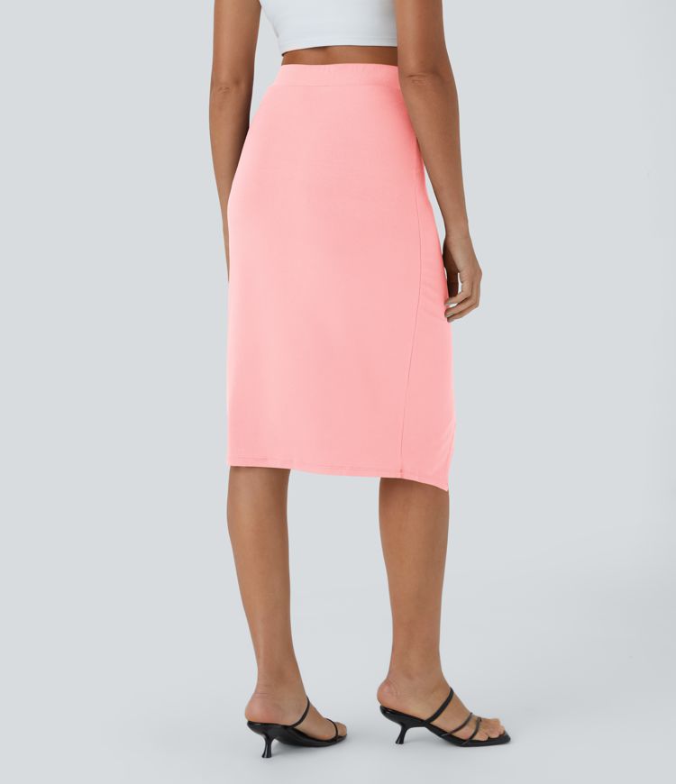 Ruched Hem Bodycon Midi Casual Skirt