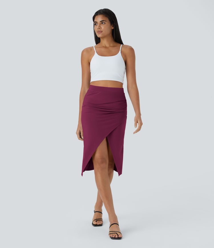 Falda a media pierna ajustada abertura fruncido