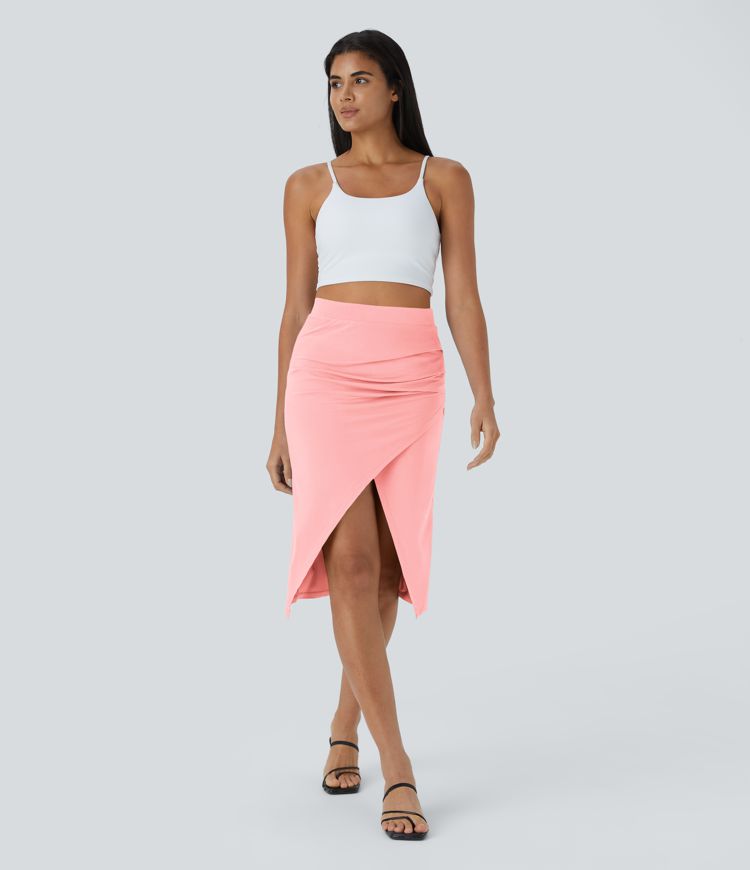 Ruched Hem Bodycon Midi Casual Skirt