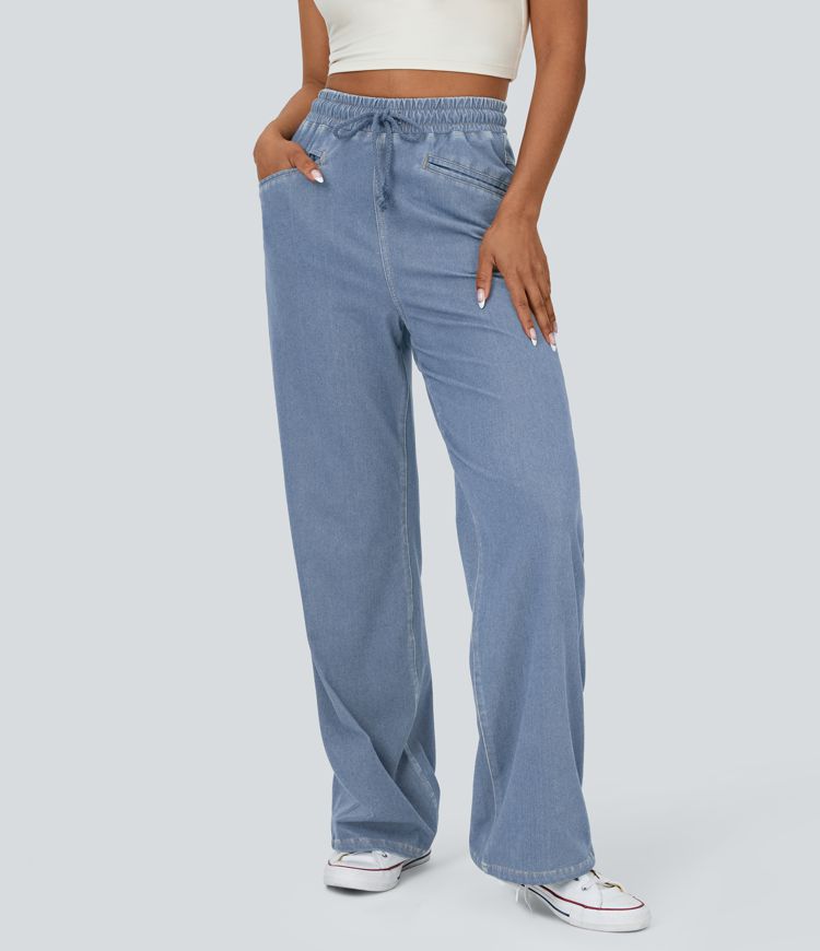 Halara Flex™ High Waisted Drawstring Pocket  Breathable Washed Stretchy Knit Wide Leg Casual Jeans