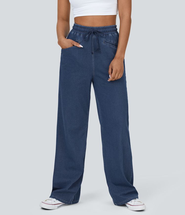Halara Flex™ High Waisted Drawstring Pocket Cool Touch Breathable Washed Stretchy Knit Wide Leg Casual Jeans