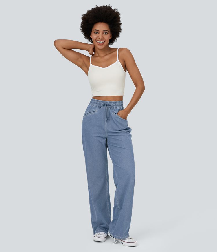 Halara Flex™ High Waisted Drawstring Pocket Cool Touch Breathable Washed Stretchy Knit Wide Leg Casual Sweatpants Jeans