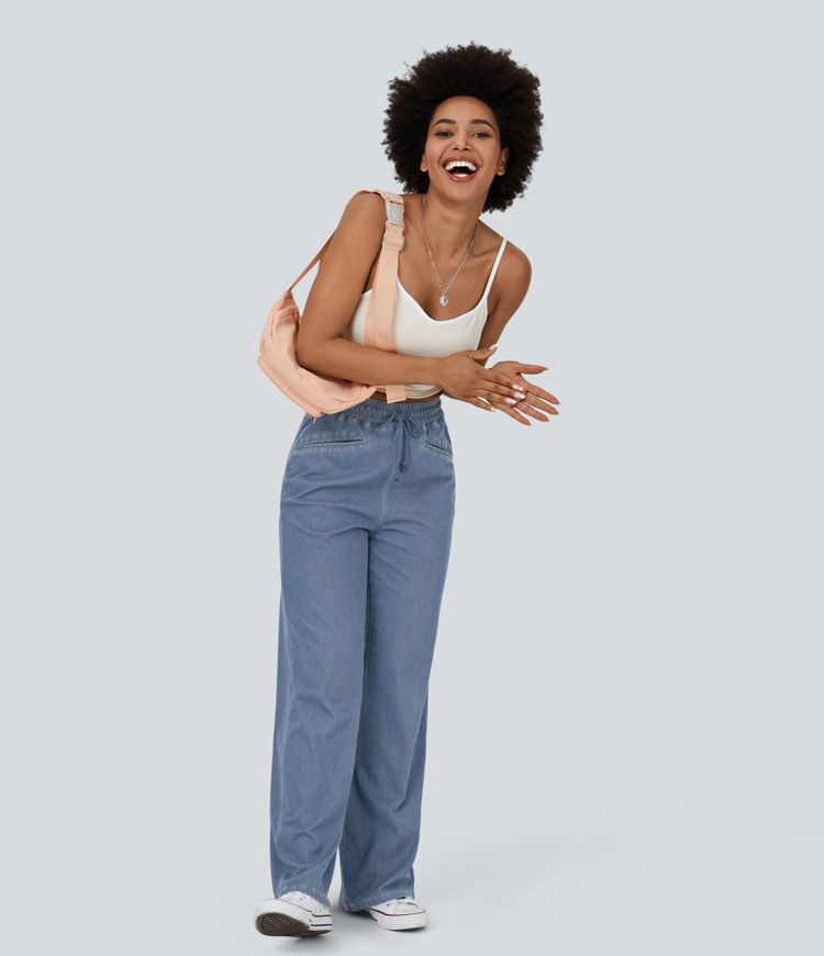 Halara Flex™ High Waisted Drawstring Pocket Cool Touch Breathable Washed Stretchy Knit Wide Leg Casual Sweatpants Jeans