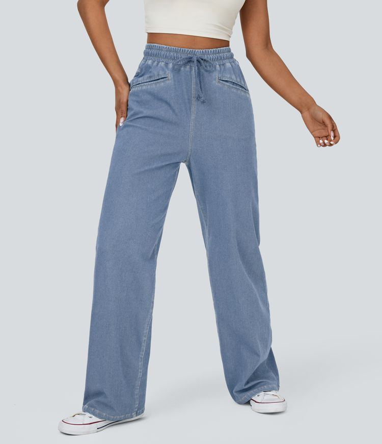 Halara Flex™ High Waisted Drawstring Pocket Cool Touch Breathable Washed Stretchy Knit Wide Leg Casual Jeans