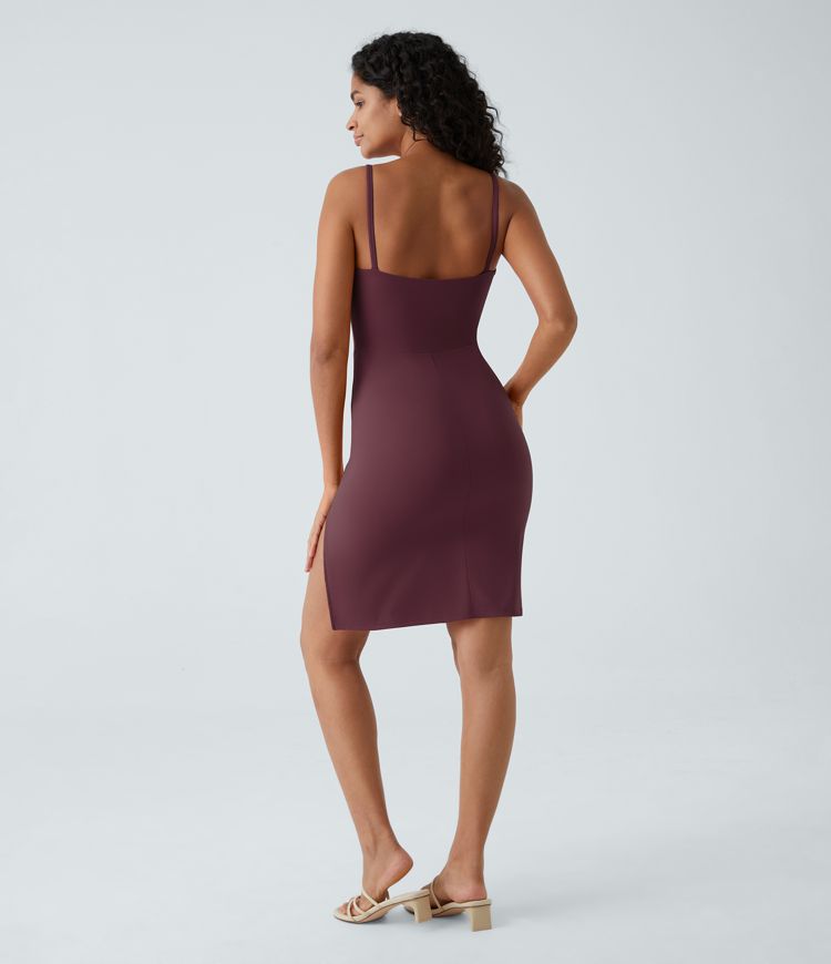 Spaghetti Strap Square Neck Backless Corset Split Bodycon Midi Casual Dress