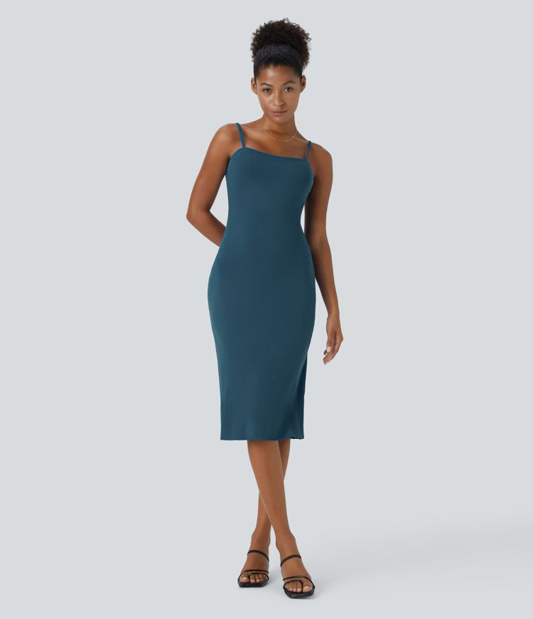Ribbed Knit Backless Twisted Bodycon Midi Casual Dress