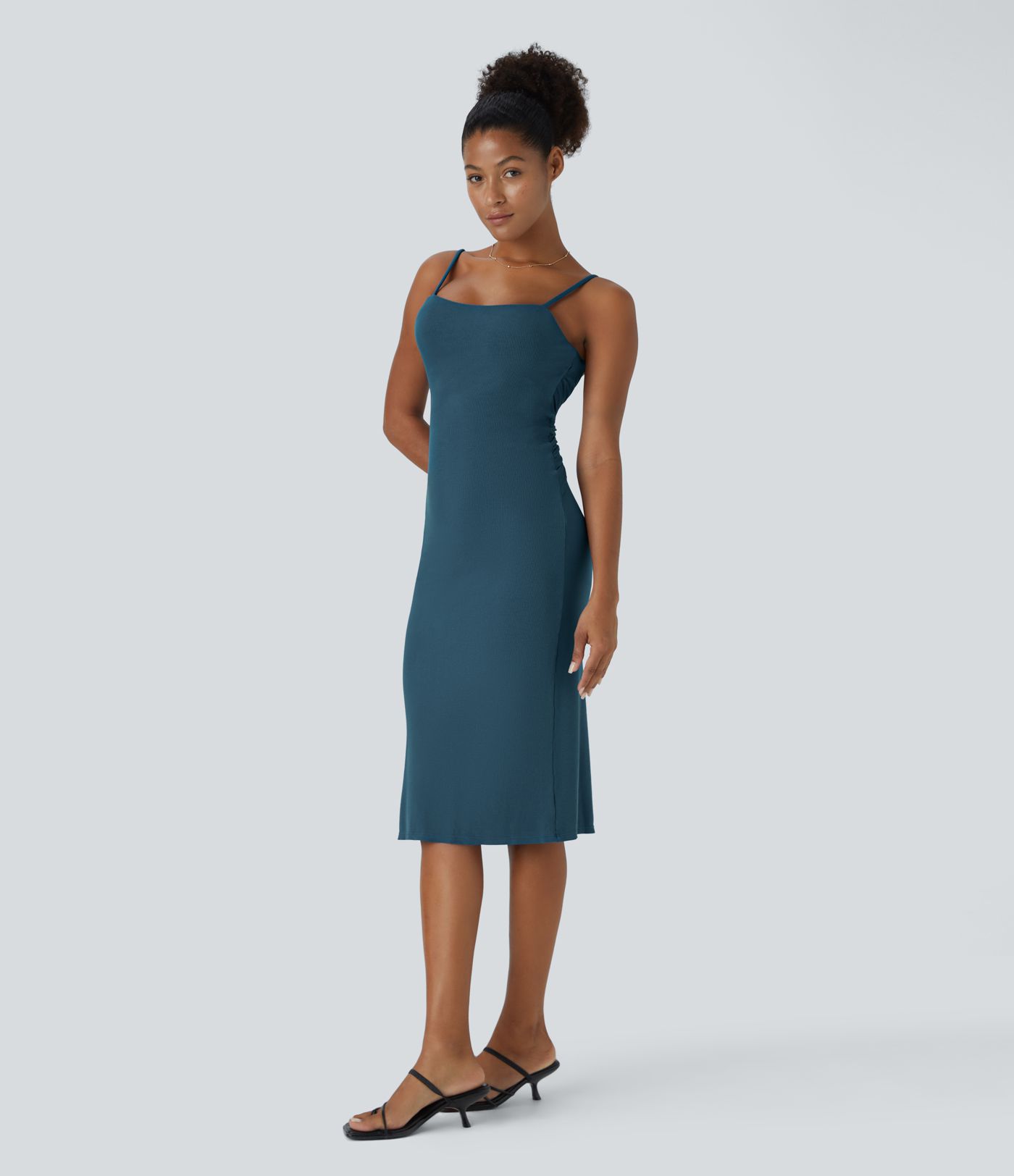 골지 니트 백리스 트위스트 바디콘 미디 캐주얼 드레스