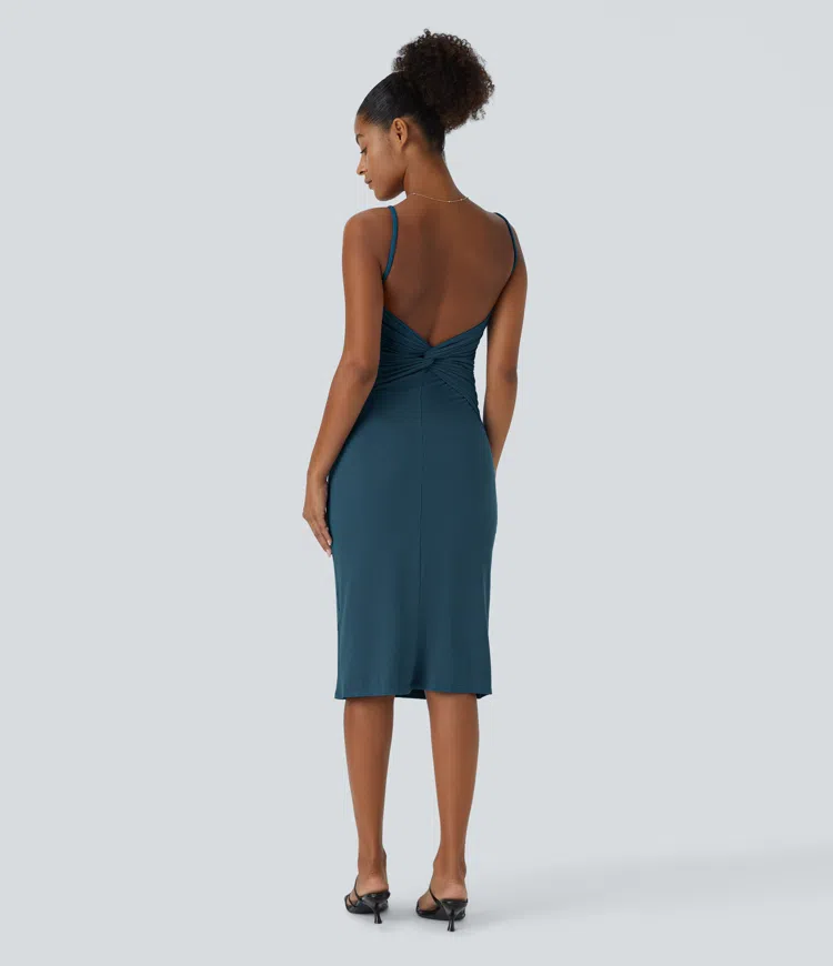 Ribbed Knit Backless Twist Bodycon Midi Casual Dress