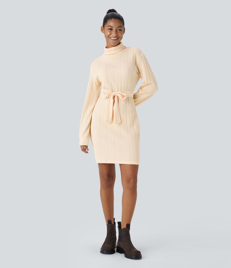 Vestido de cuello alto y manga larga con lazo elástico ceñido en la cintura
