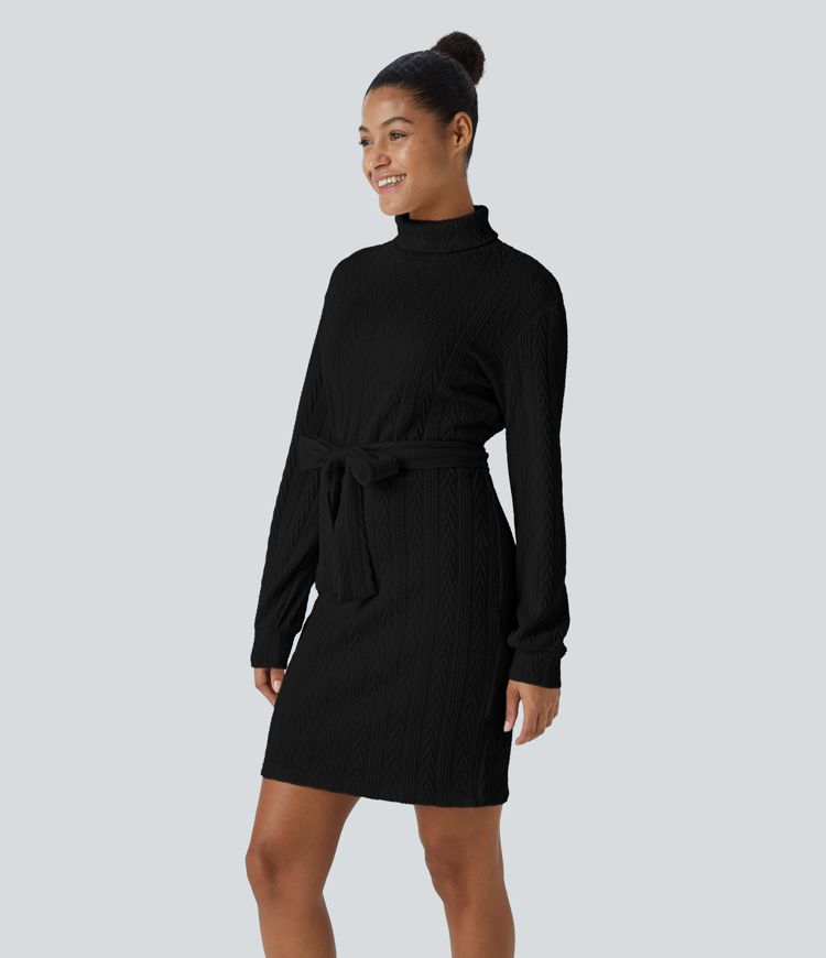 High Neck Long Sleeve Belted Knitted Bodycon Mini Casual Dress