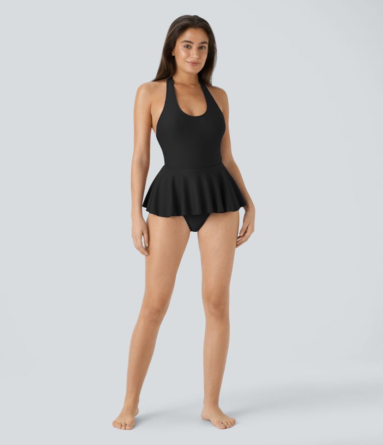 Swimsuit una pieza plisado tirante ajustable sin espalda halter