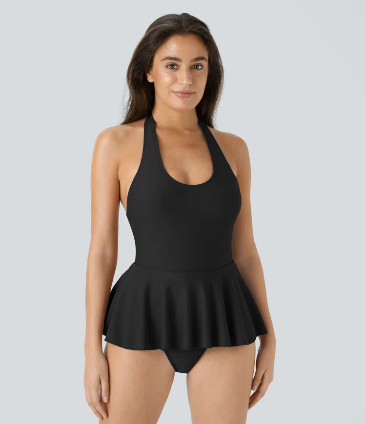 Swimsuit una pieza plisado tirante ajustable sin espalda halter
