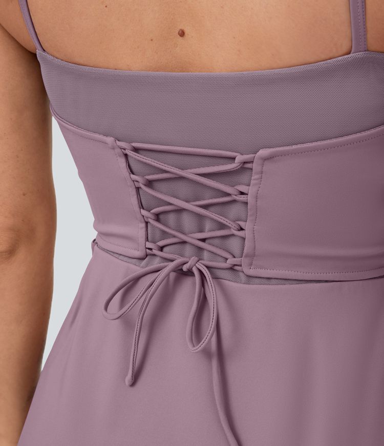 Minivestido Softlyzero™ Airy acampanado tacto fresco malla contrastante cordones sin espalda volante