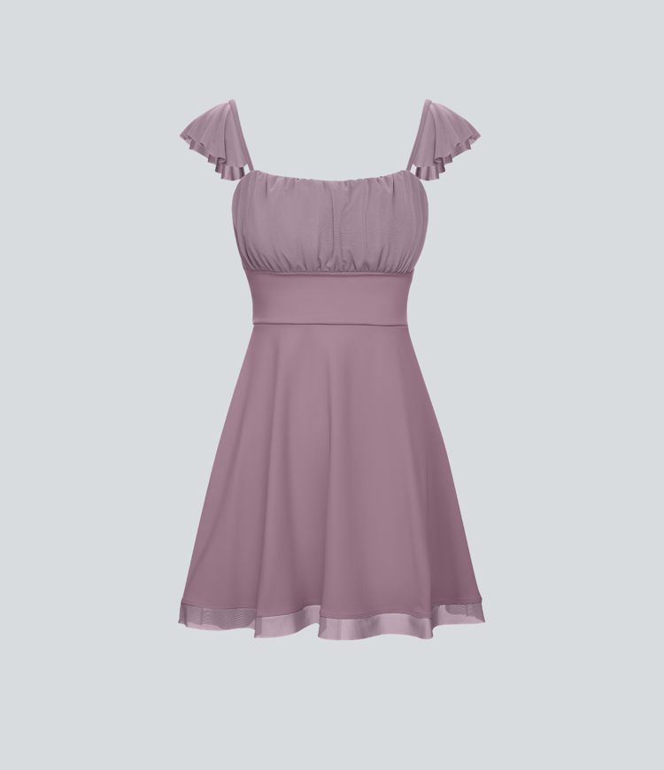 Minivestido Softlyzero™ Airy acampanado tacto fresco malla contrastante cordones sin espalda volante