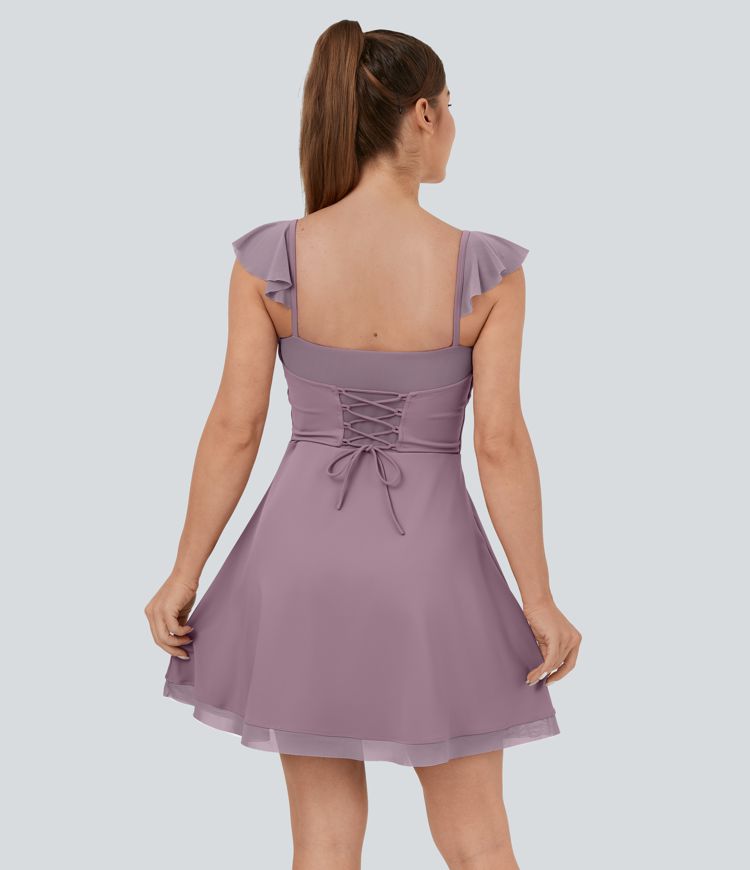 Minivestido Softlyzero™ Airy acampanado tacto fresco malla contrastante cordones sin espalda volante