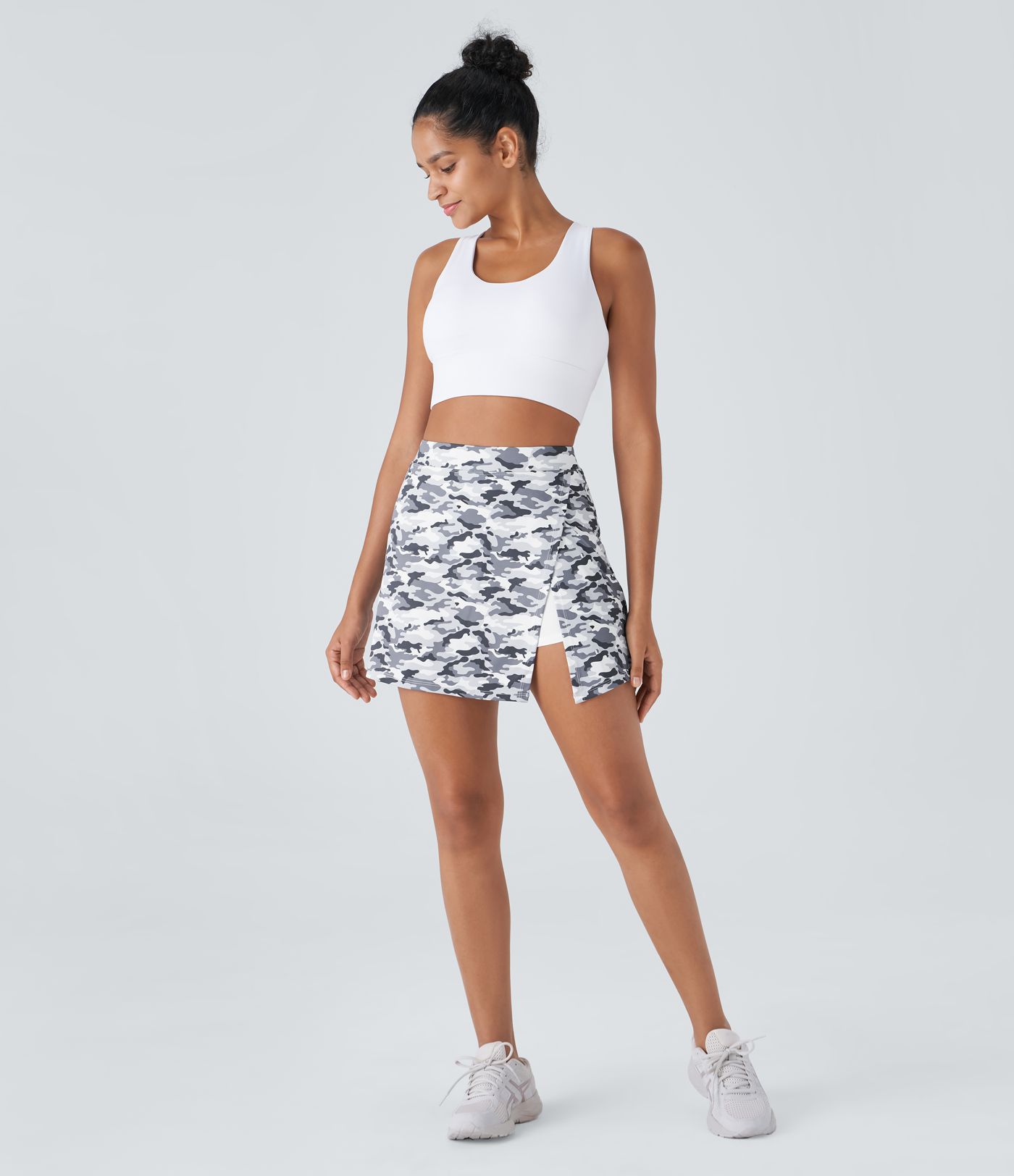 High Waist Split 2-in-1 Side Pocket Camo Print Mini Pickleball Skirt