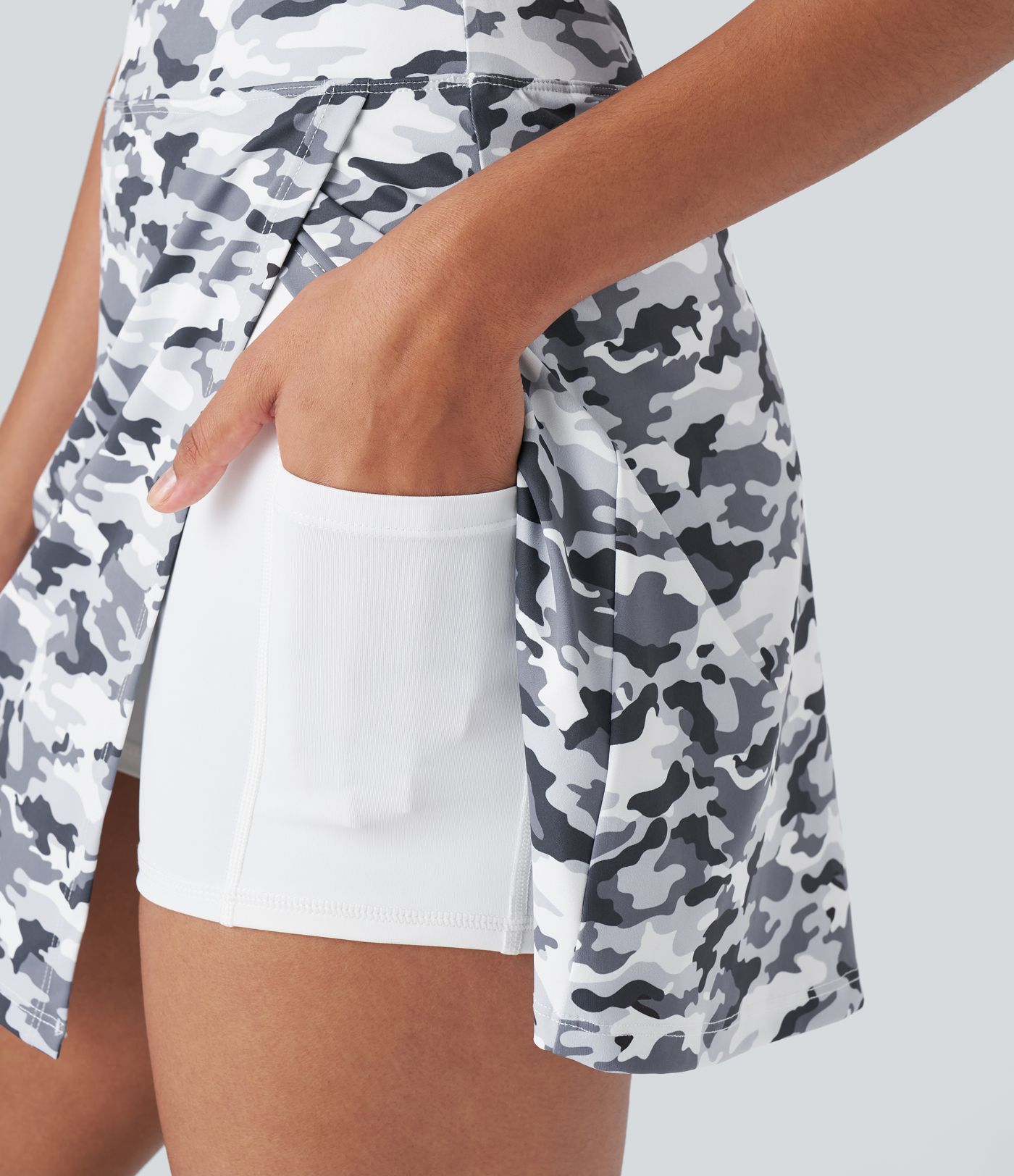 High Waist Split 2-in-1 Side Pocket Camo Print Mini Pickleball Skirt