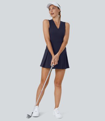 Robe Golf Sport Mini à Col en V sans Manches avec Ourlet Plissé