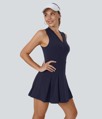 Robe Golf Sport Mini à Col en V sans Manches avec Ourlet Plissé