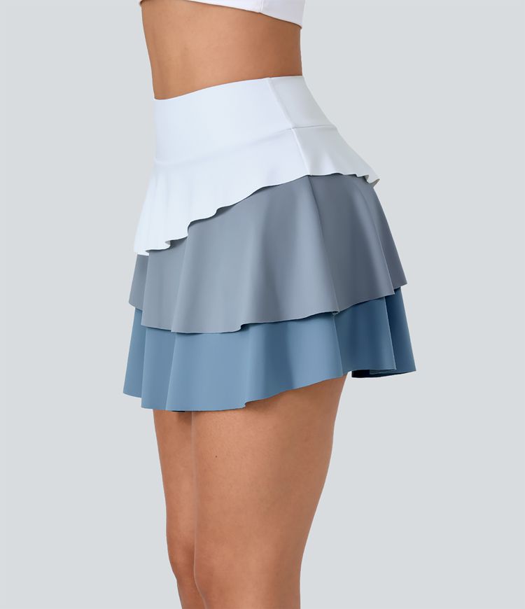Jupe Tennis A-line Taille Haute à Poches et à 3 Couches de Volants 2 en 1