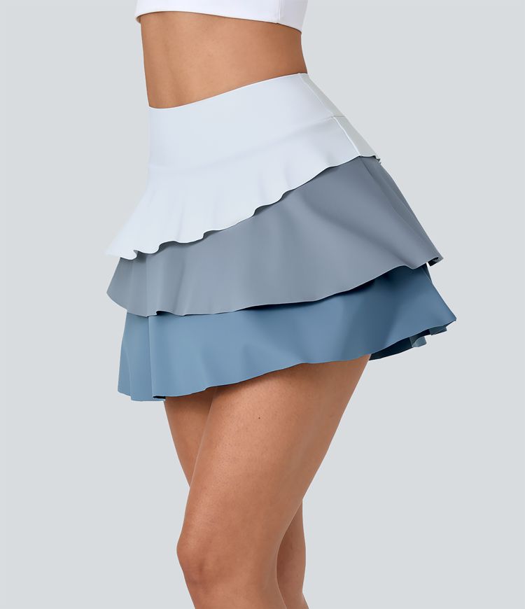 Jupe Tennis A-line Taille Haute à Poches et à 3 Couches de Volants 2 en 1