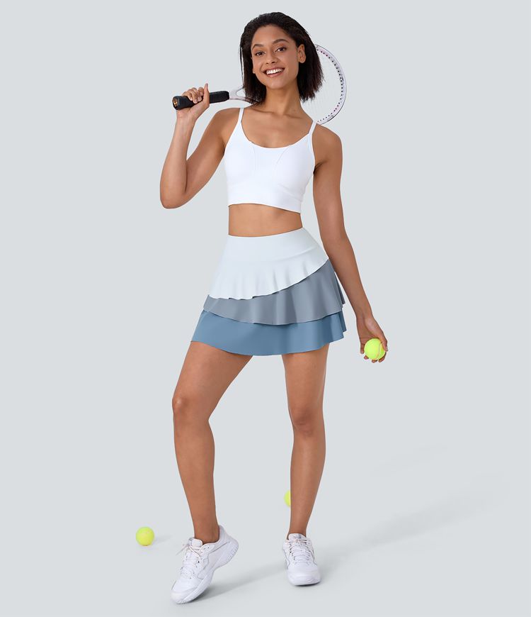Jupe Tennis A-line Taille Haute à Poches et à 3 Couches de Volants 2 en 1
