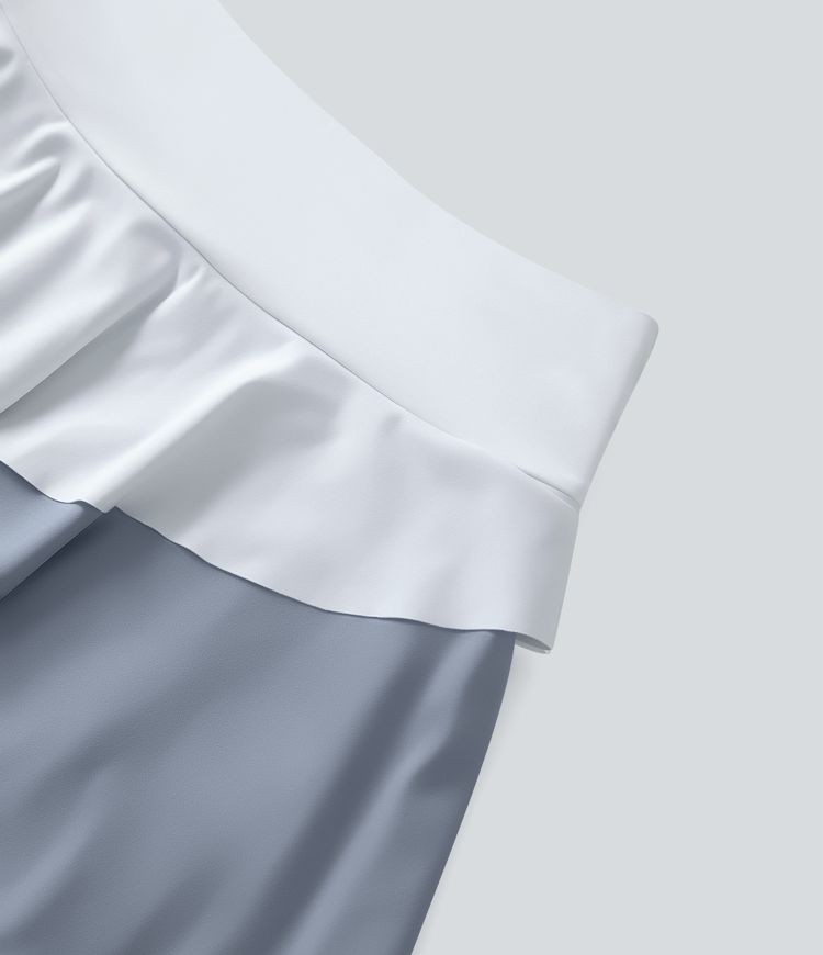 Jupe Tennis A-line Taille Haute à Poches et à 3 Couches de Volants 2 en 1