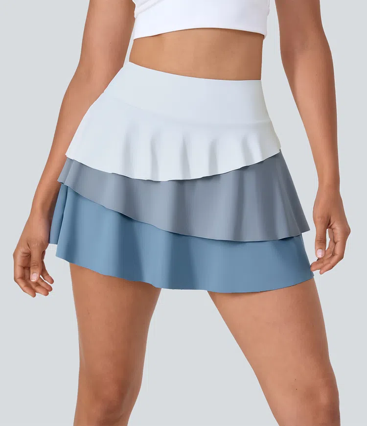 High-waist pocket 3-layer ruffle 2-in-1 A-line tennis skirt