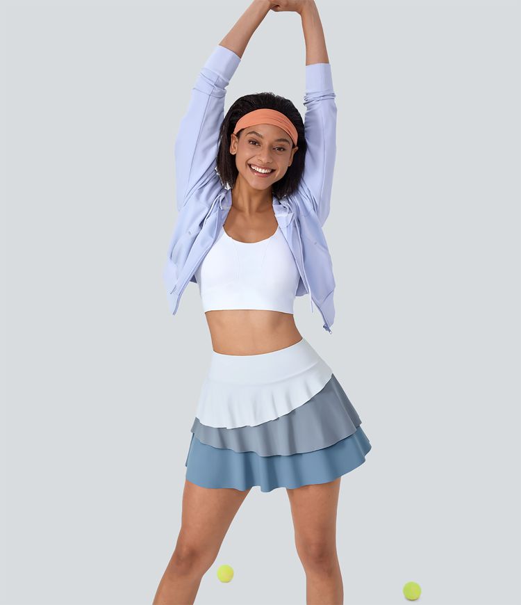 Jupe Tennis A-line Taille Haute à Poches et à 3 Couches de Volants 2 en 1