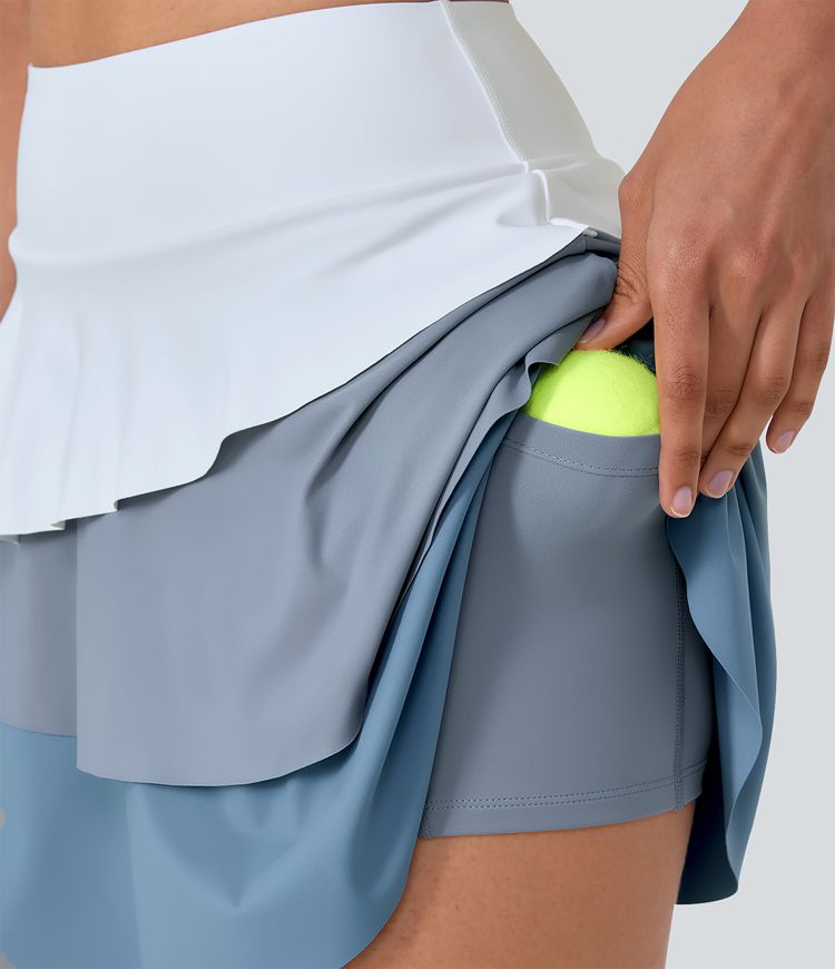 Jupe Tennis A-line Taille Haute à Poches et à 3 Couches de Volants 2 en 1