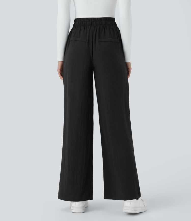 High waist drawstring side zip pocket wide leg casual linen-style pants