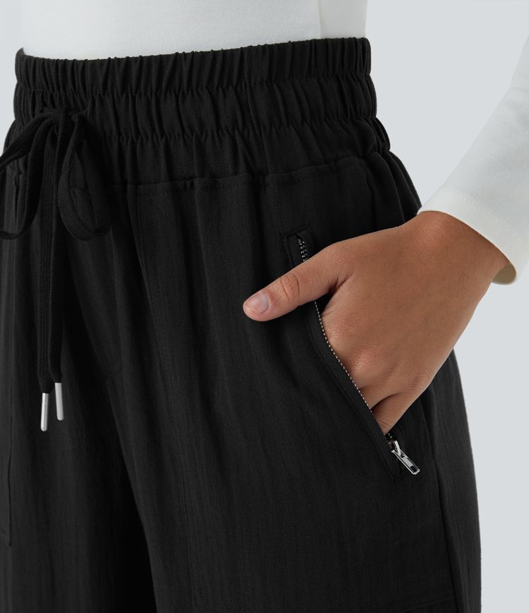 High waist drawstring side zip pocket wide leg casual linen-style pants