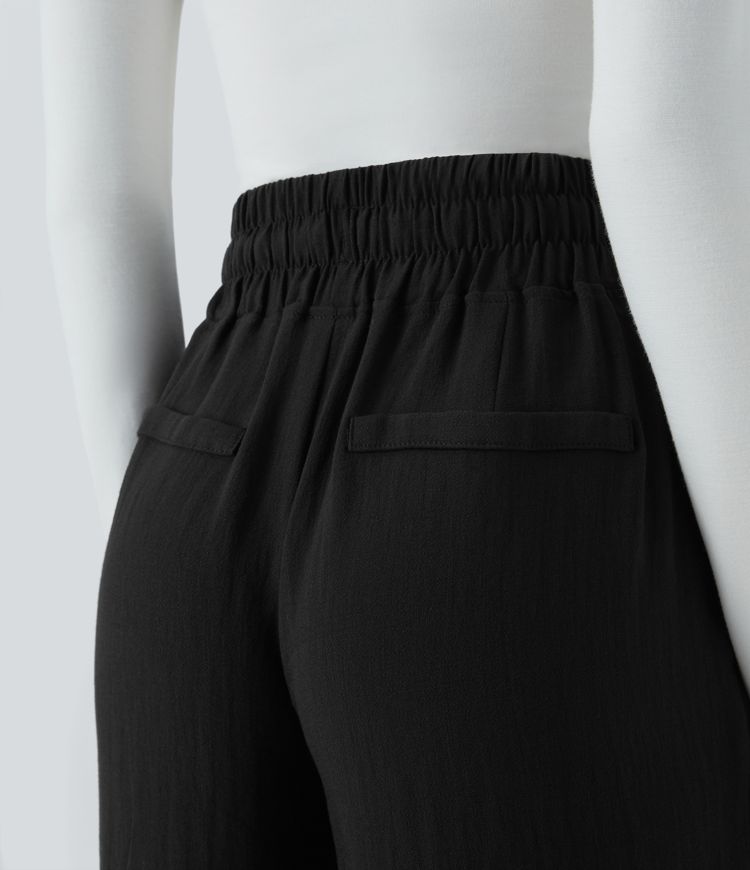 High waist drawstring side zip pocket wide leg casual linen-style pants