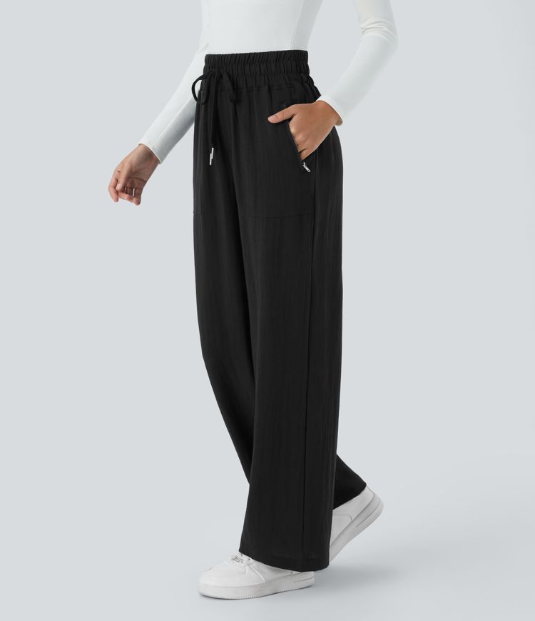 High waist drawstring side zip pocket wide leg casual linen-style pants