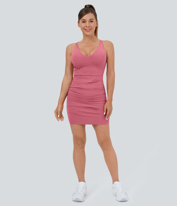 Crisscross Backless Ruched Bodycon Mini Casual Dress