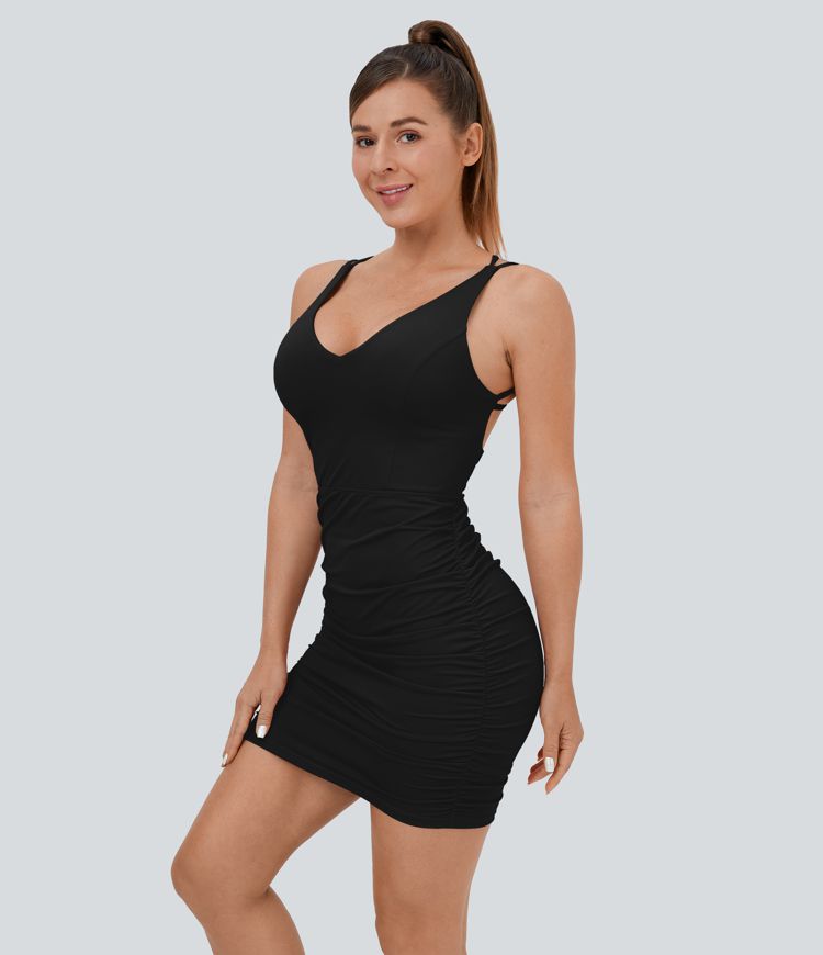 Crisscross Backless Ruched Bodycon Mini Casual Dress