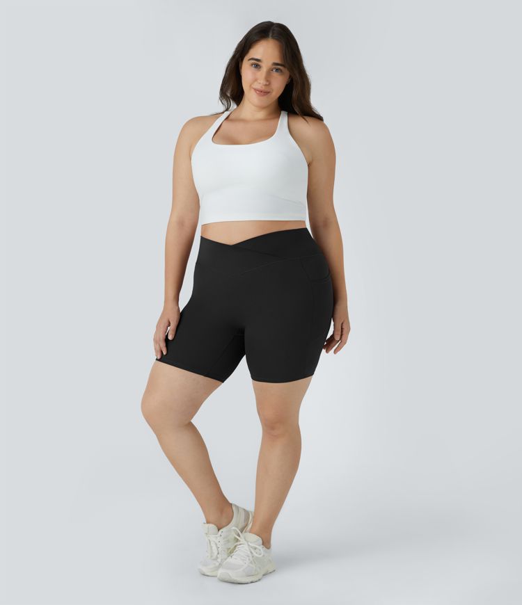 SoftlyZero™ High Waisted Crossover Pocket Yoga Plus Size Biker Shorts 7"-UPF50+