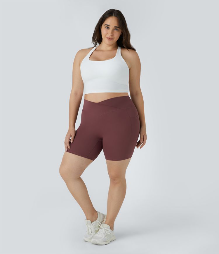 SoftlyZero™ High Waisted Crossover Pocket Yoga Plus Size Biker Shorts 7"-UPF50+
