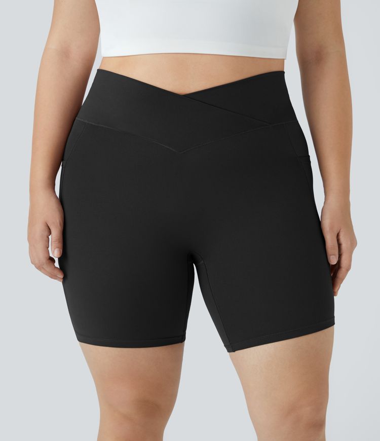 SoftlyZero™ High Waisted Crossover Pocket Yoga Plus Size Biker Shorts 7"-UPF50+