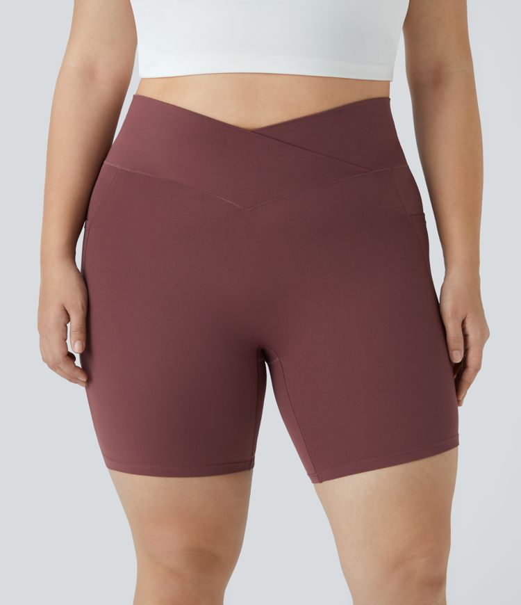 SoftlyZero™ High Waisted Crossover Pocket Yoga Plus Size Biker Shorts 7"-UPF50+