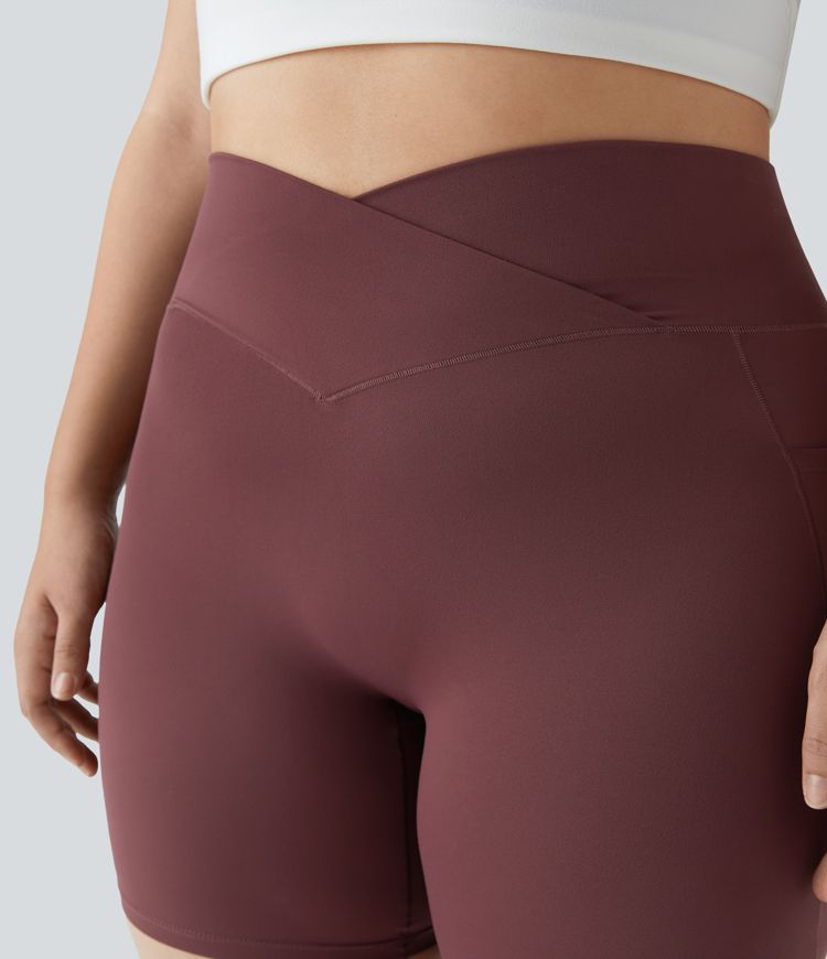 SoftlyZero™ High Waisted Crossover Pocket Yoga Plus Size Biker Shorts 7"-UPF50+