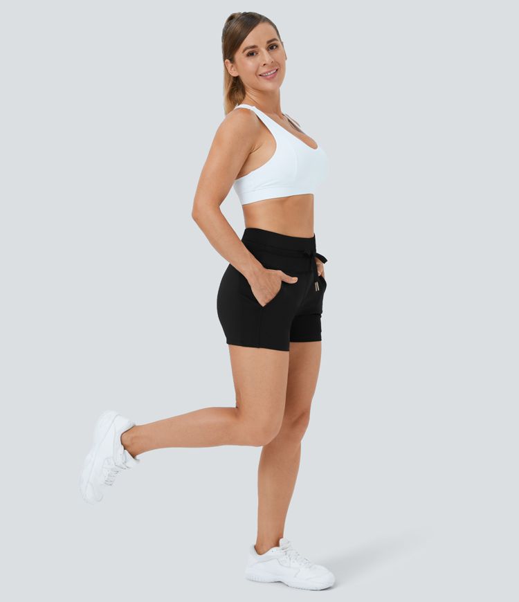 Softlyzero™ Airy Shorts mit hoher Taille, Kordelzug und seitlichen Taschen, einfarbig, 7,6 cm