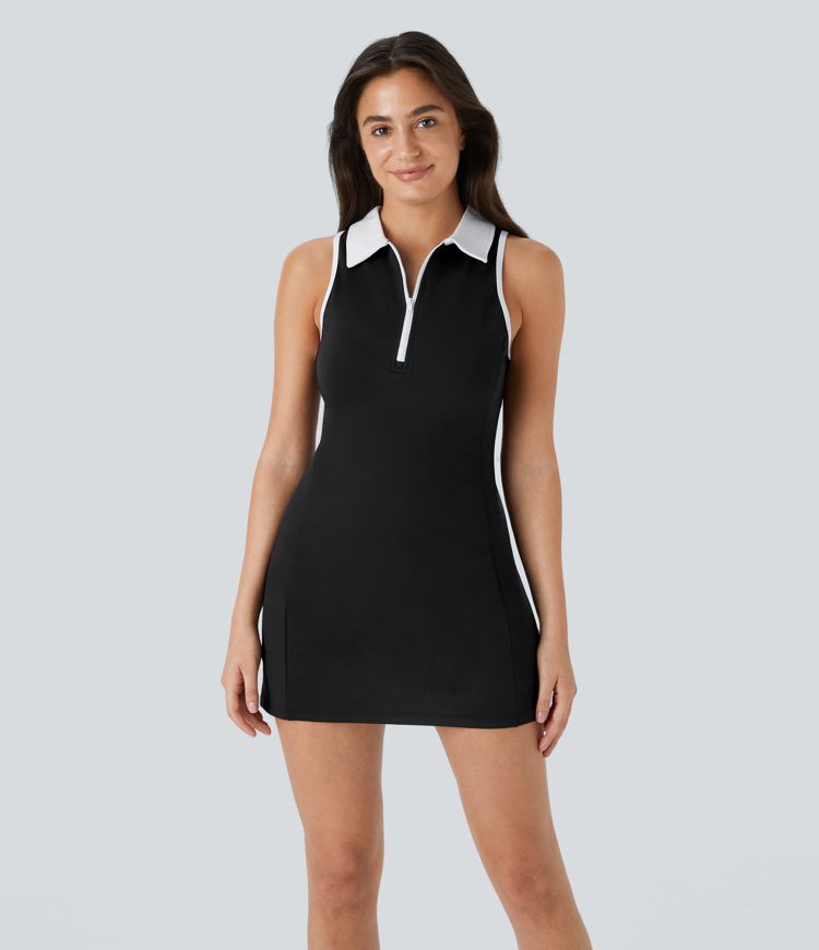 Color Block Collar Zipper Sleeveless 2-Piece Pocket Mini Golf Active Dress-Golf Tee Pocket