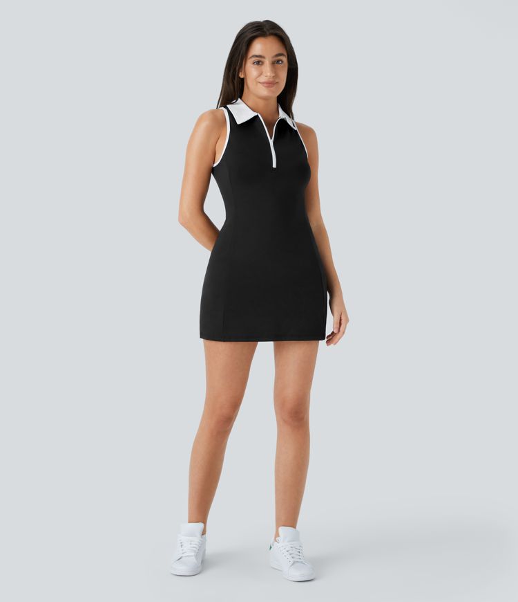DayStretch Color Block Collar Zipper Sleeveless 2-Piece Pocket Mini Golf Active Dress-Golf Tee Pocket