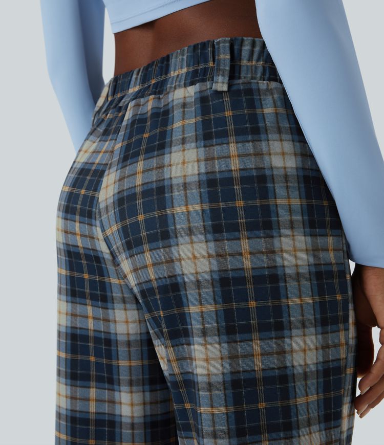 High Waisted Plaid Wide Leg Casual Pants