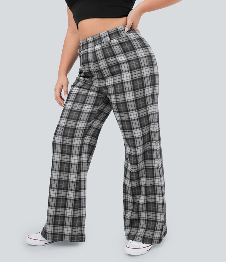 High Waisted Plaid Plus Size Wide Leg Casual Pants